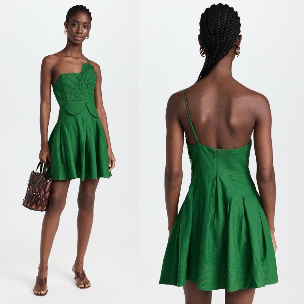 Farm Rio One-Shoulder Lea Mini Dress Green Linen Blend Size Medium - Picture 16 of 16